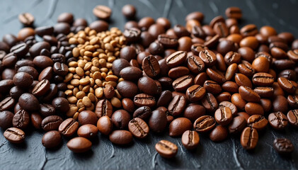 Fototapeta premium Coffee beans of various varieties and colors, ranging from darker to lighter tints, are laid on a dark-textured tabletop. 