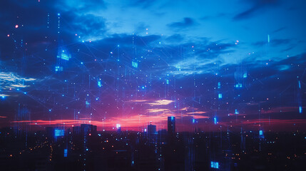 Smart digital Innovation city with connection network reciprocity over the cityscape. of future smart wireless digital city and social media networking systems that connects people with in city