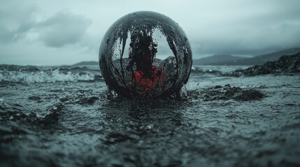 Dark sphere in stormy sea, coastal landscape, ominous scene, website background