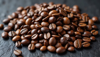 Naklejka premium Coffee beans of various varieties and colors, ranging from darker to lighter tints, are laid on a dark-textured tabletop. 