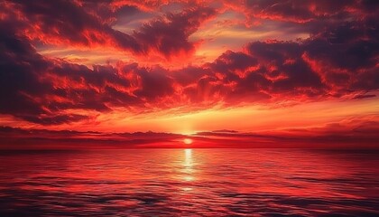 Naklejka premium A red sunset over the ocean with beautiful clouds. The sky is painted in vibrant red, creating an enchanting and romantic atmosphere.