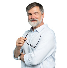 Bearded middle-aged man wearing glasses posing over transparent background