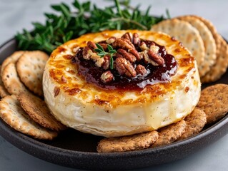 Baked brie with pecan topping and crackers