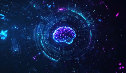 Abstract futuristic digital technology background with a brain symbol in a circle and hologram interface elements on a dark blue background, an AI concept Generative AI