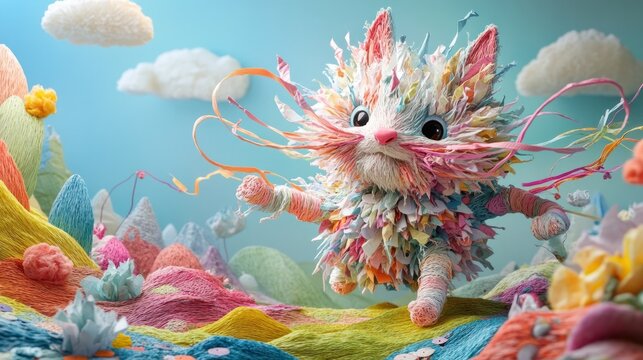 Colorful and whimsical digital of a fantastical fuzzy creature with a playful and quirky design