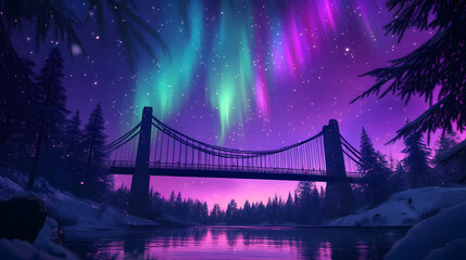Symmetrical northern lights over bridge and winter island at night. Aurora Bridge. Illustration