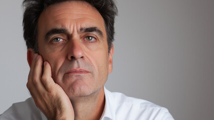 Fototapeta premium Pensive middle-aged man resting hand on face against plain background