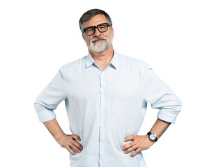 Bearded middle-aged man wearing glasses posing over transparent background