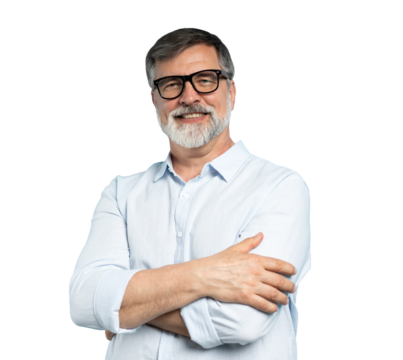 Bearded middle-aged man wearing glasses posing over transparent background