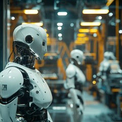 Fototapeta premium hyperrealstic foto of a fully automated factory powered by ai with engineers talking to each other, depth of field with focus of machines in the focus 