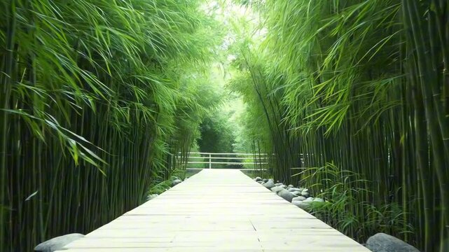 Serene pathway through lush bamboo forest with gentle sunlight. Relax, meditation, digital detox.