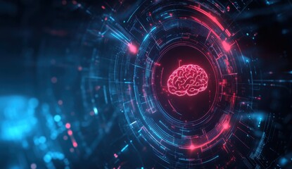 Fototapeta premium Digital technology concept, an AI icon with a brain and circuit on a futuristic hologram screen background Generative AI