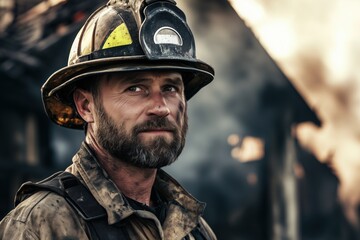 Fototapeta premium Portrait of firefighter wearing protective gear standing in front of burning structure, with intense expression conveying determination and bravery during firefighting operation