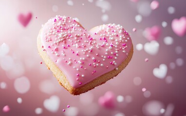 Obraz premium A flying heart-shaped sugar cookie with pink icing and sprinkles mid-air on a valentines day background