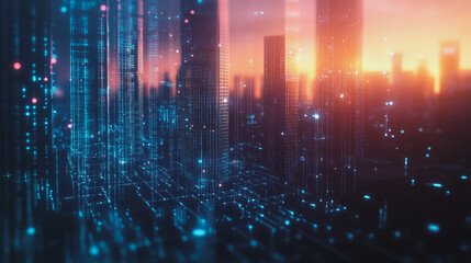 Obraz premium Smart digital Innovation city with connection network reciprocity over the cityscape. of future smart wireless digital city and social media networking systems that connects people with in city