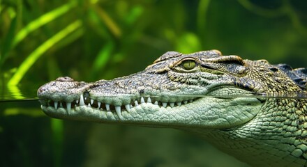 Obraz premium Close-up of a crocodile swimming in a lush green habitat
