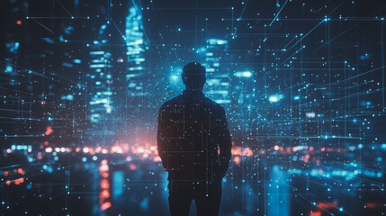 Smart digital Innovation city with connection network reciprocity over the cityscape. of future smart wireless digital city and social media networking systems that connects people with in city