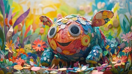 Whimsical Handcrafted Ceramic Sculpture Depicting a Playful Joyful Character in a Vibrant Textured Floral Garden Scene  Unique One of a Kind Artisanal Pottery Piece with Intricate Details and Organic