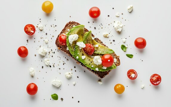 A levitating avocado toast with cherry tomatoes and feta cheese on a clean white backdrop