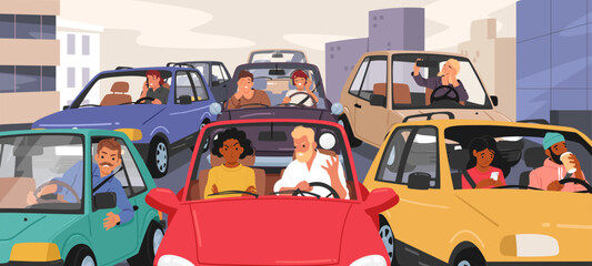 People driving car in city traffic jam waiting for movement demonstrating different emotions scene © Anna Syvak