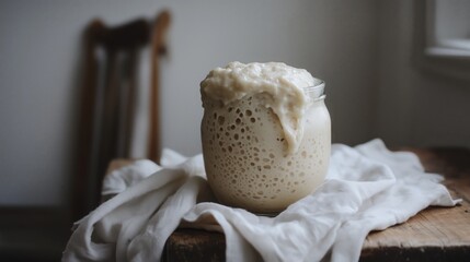 A glass jar filled with frothy, bubbly sourdough starter overflowing and spilling over the top. The jar is placed on a wooden surface with a white cloth draped around it.