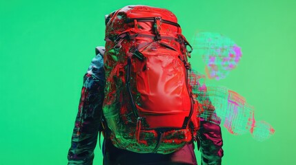 A person with a large red backpack on a green background with a glitch effect