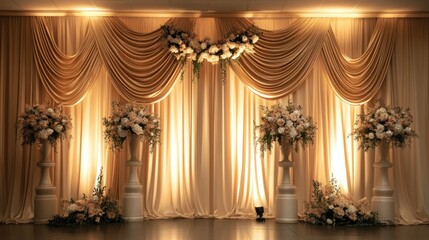 Elegant wedding backdrop, indoor ceremony, floral arrangements, ballroom lighting