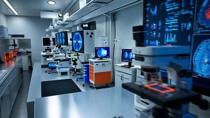 A modern laboratory workspace showcasing advanced brain imaging technology and research equipment