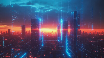 Fototapeta premium Smart digital Innovation city with connection network reciprocity over the cityscape. of future smart wireless digital city and social media networking systems that connects people with in city