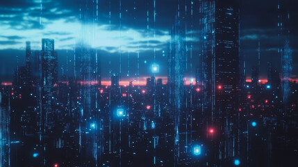 Obraz premium Smart digital Innovation city with connection network reciprocity over the cityscape. of future smart wireless digital city and social media networking systems that connects people with in city