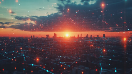 Fototapeta premium Smart digital Innovation city with connection network reciprocity over the cityscape. of future smart wireless digital city and social media networking systems that connects people with in city