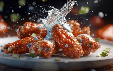 A levitating plate of buffalo chicken wings with blue cheese dressing splashing around