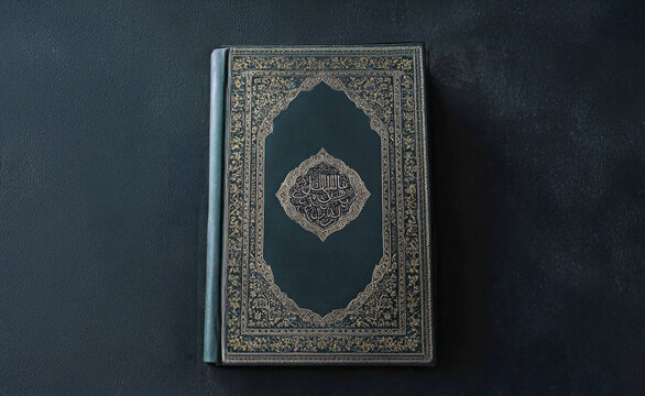 Beautiful Ancient black coran book with golden decorations resting on dark stone surface