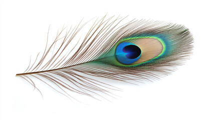 Obraz premium Beautiful Peacock feather showing iridescent green and blue colors on white background