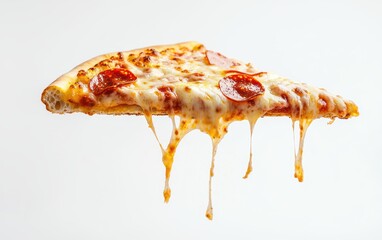 A flying pizza slice with dripping cheese and pepperoni, mid-air on a bright white background