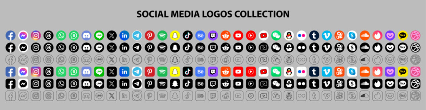 Round social media icons or social media logos, a set/collection of flat vector icons for apps and websites.	