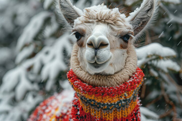 Fototapeta premium A smiling llama dressed in a vibrant sweater enjoys the winter wonderland, surrounded by snow-dusted fir trees, creating a charming and joyful atmosphere.