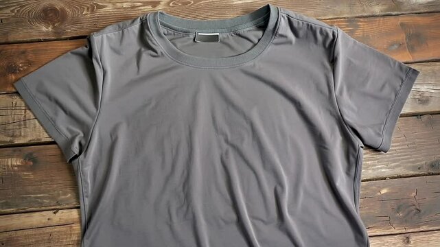Gray T-shirt Mockup on Rustic Wood:  A high-quality photo of a plain gray t-shirt laid flat on a rustic wooden background. The image showcases the soft, smooth texture of the fabric.