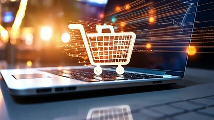 Shopping online using a laptop with a shopping cart icon and glowing effects