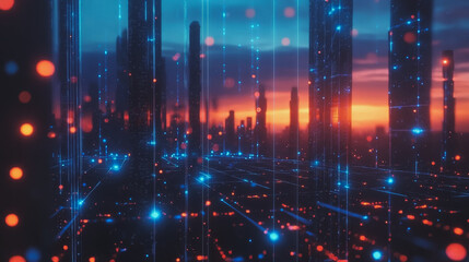 Obraz premium Smart digital Innovation city with connection network reciprocity over the cityscape. of future smart wireless digital city and social media networking systems that connects people with in city