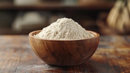 Fototapeta premium Close Up of Organic Whole Wheat Flour in a Rustic Wooden Bowl on a Table, Baking Ingredients