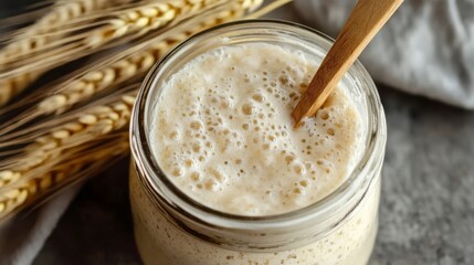 A jar with sourdough starter, with a wooden spoon inserted. Wheat stalks in the background highlight the bread-making process. The lively, active fermentation