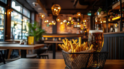 Fototapeta premium Fries and Craft Beer in Modern Pub Setting