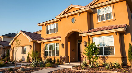 Fototapeta premium Orange stucco house with red tile roof, landscaping, and a walkway. Beautiful home exterior design, perfect for real estate listings and architecture portfolios.