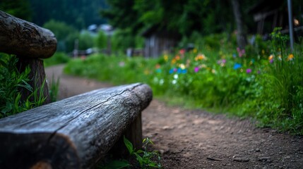 Fototapeta premium Rustic Wooden Bench Path Serenity: A Peaceful Garden Escape