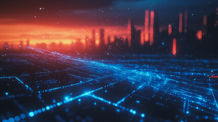 Smart digital Innovation city with connection network reciprocity over the cityscape. of future smart wireless digital city and social media networking systems that connects people with in city