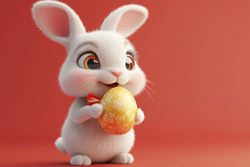 Fototapeta premium A cheerful bunny, wearing a charming bow tie, holds a golden egg in its paws while displaying an adorable expression. Set against a bright red background, the scene captures joy and delight.