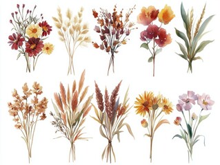 Watercolor Fall Floral Bouquets for Greeting Cards and Wedding Invitations