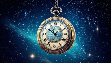 宇宙を背景にしたアンティーク懐中時計 - 時間と宇宙の神秘を感じる美しいイメージ