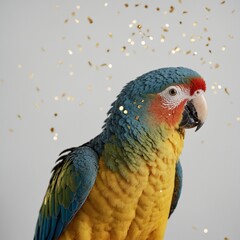 Obraz premium A parrot surrounded by subtle golden sparkles on a white background.